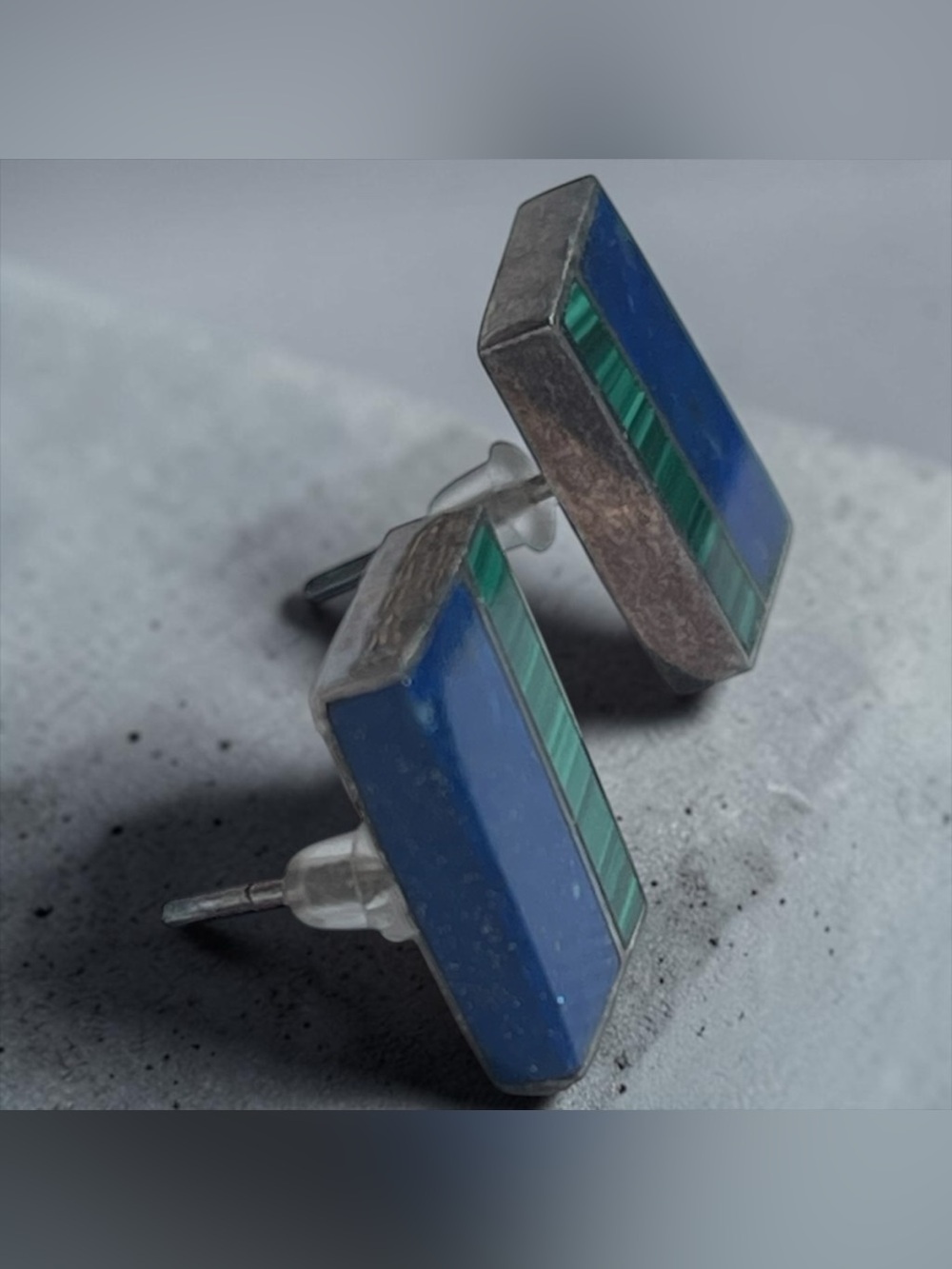 925 Sterling Silver Malachite & Lapis Inlay Post Earrings